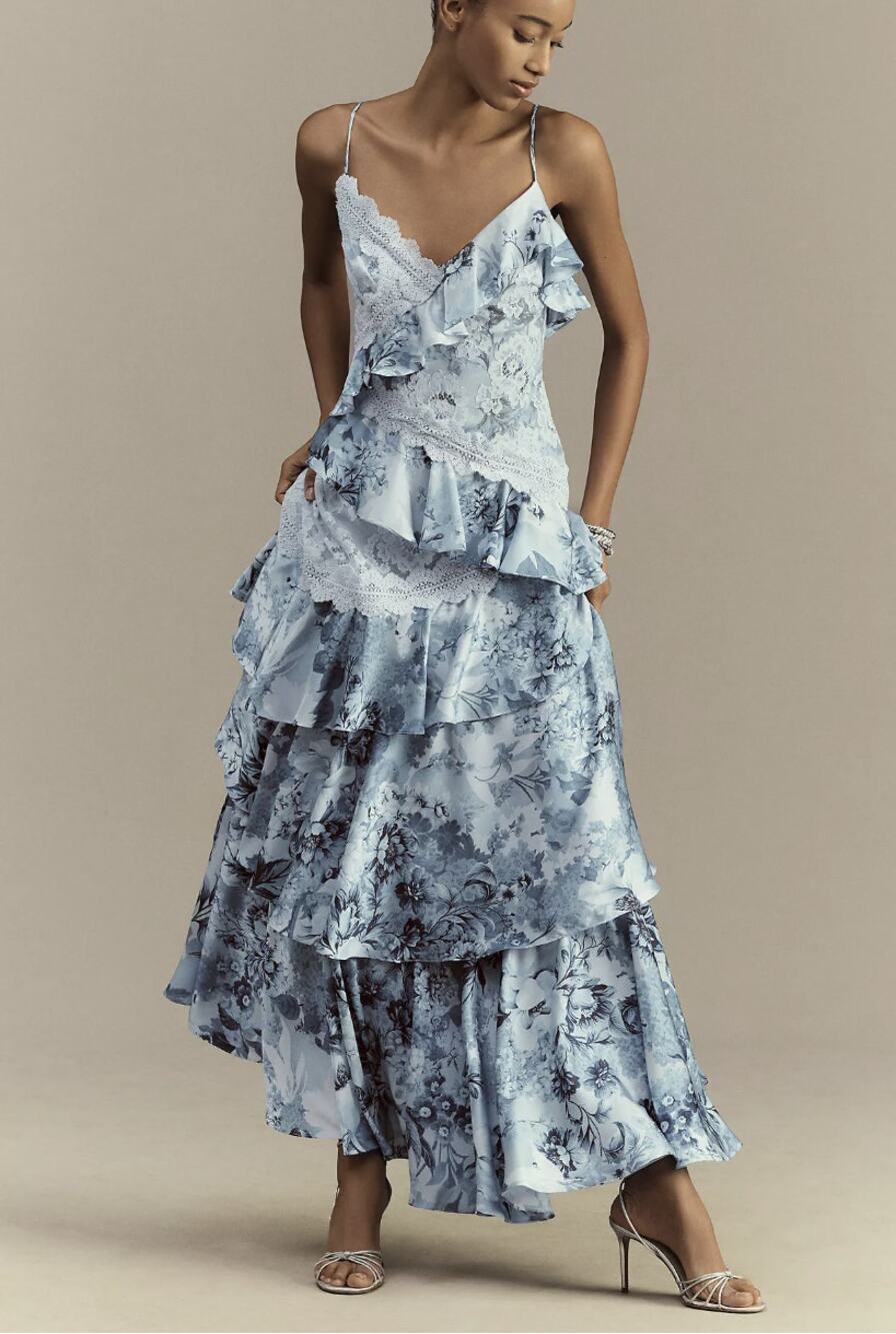 BHLDN Elora Sleeveless V-Neck Ruffle Lace Maxi Dress